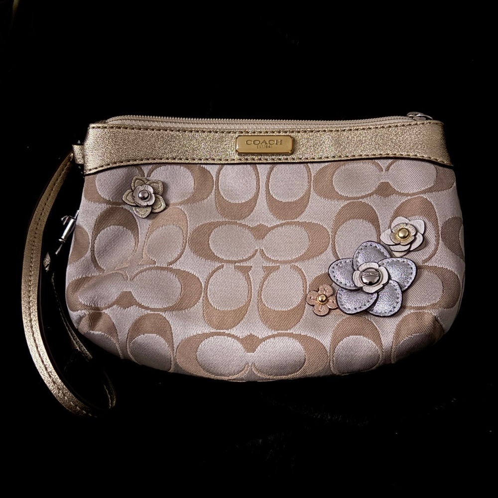 Coach Floral Embellished Gold and Tan Wristlet